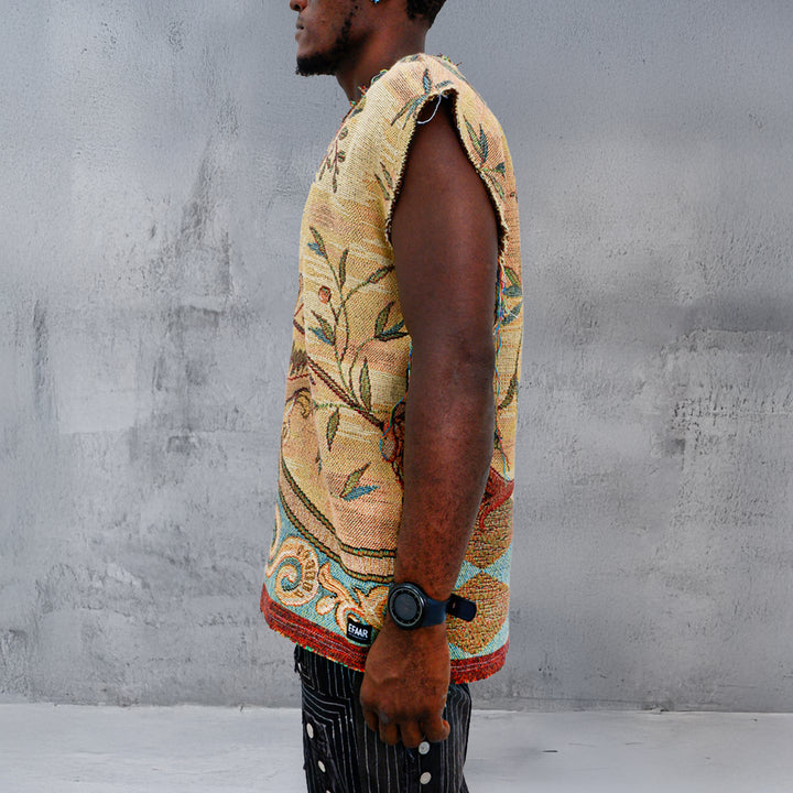 Mens Drop Shoulder Oversized Floral Tapestry Vest Distressed