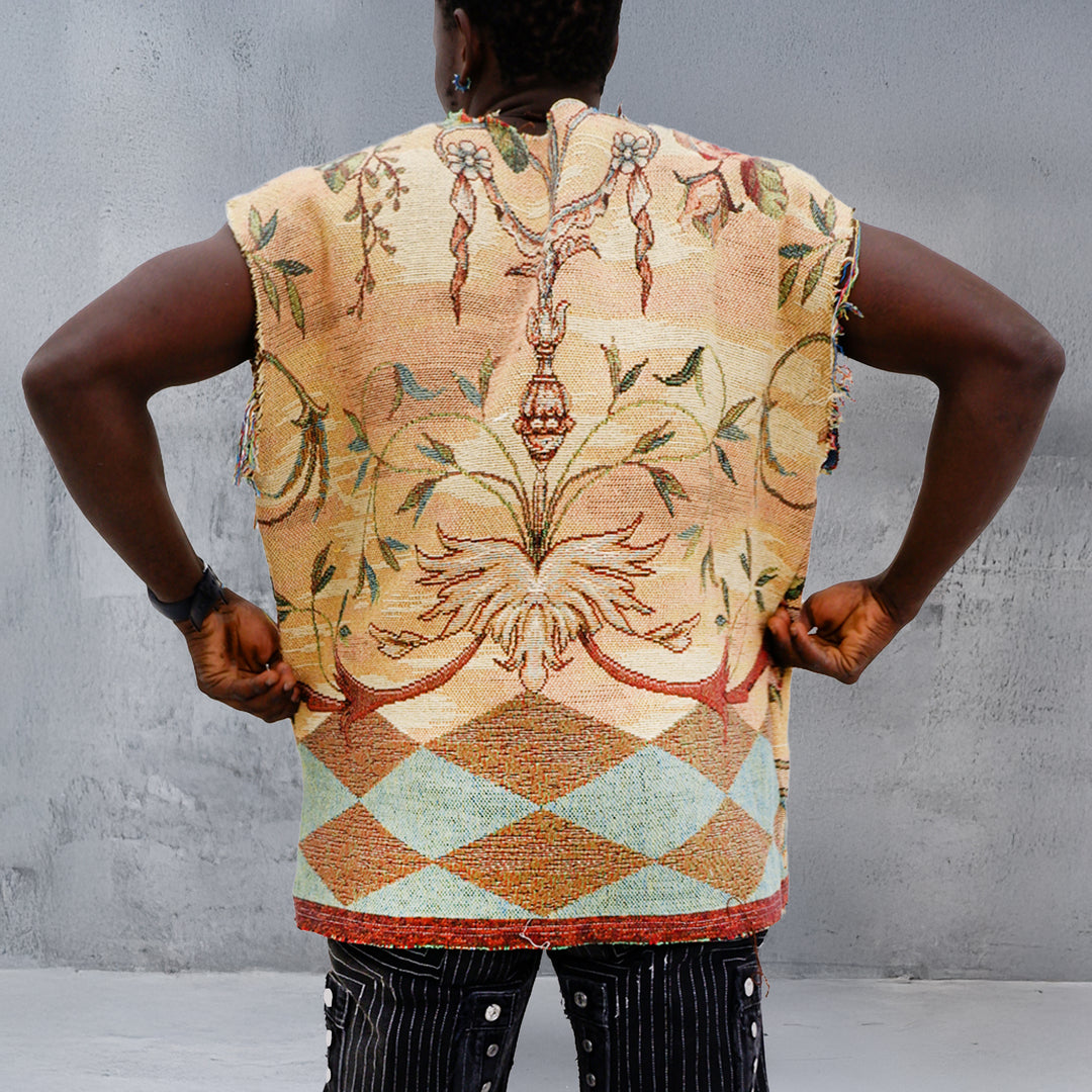 Mens Drop Shoulder Oversized Floral Tapestry Vest Distressed