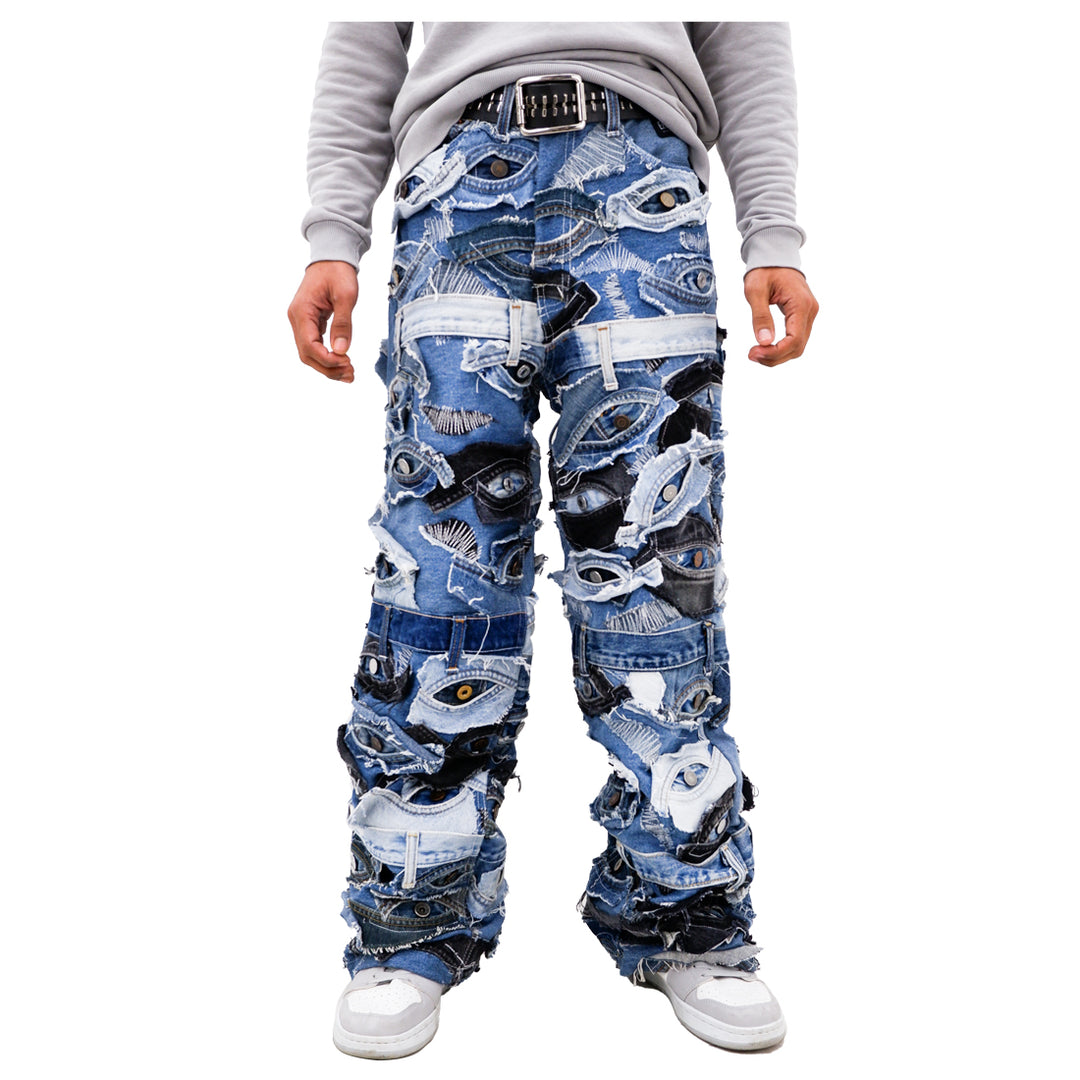 Denim Eye Detailed Patched Jeans Unisex