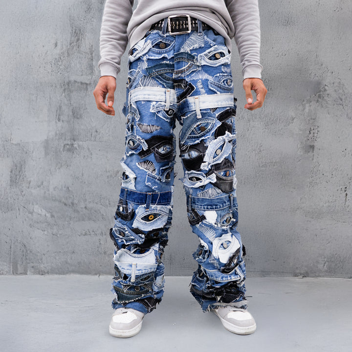 Denim Eye Detailed Patched Jeans Unisex