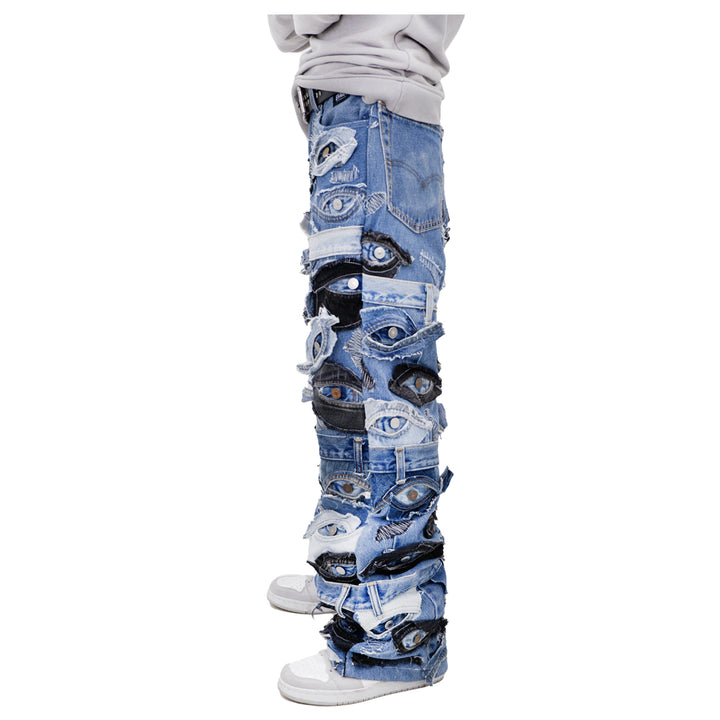 Denim Eye Detailed Patched Jeans Unisex