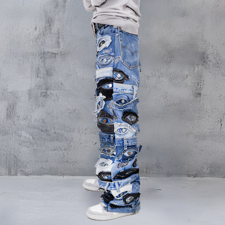 Denim Eye Detailed Patched Jeans Unisex