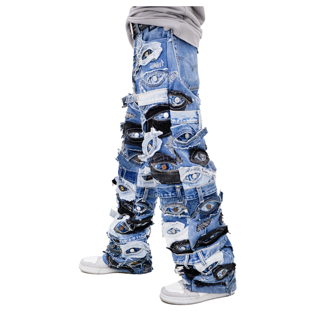 Denim Eye Detailed Patched Jeans Unisex