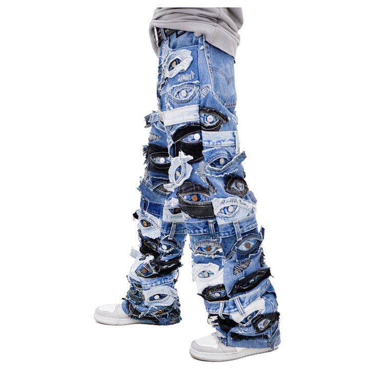 Denim Eye Detailed Patched Jeans Unisex