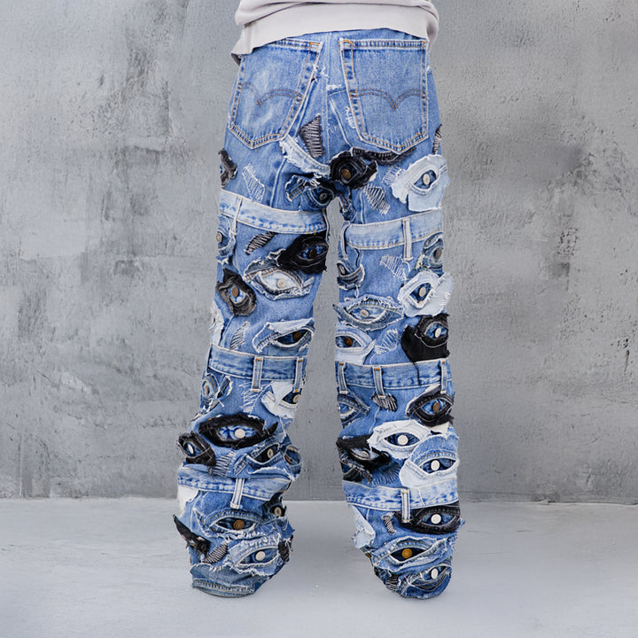 Denim Eye Detailed Patched Jeans Unisex