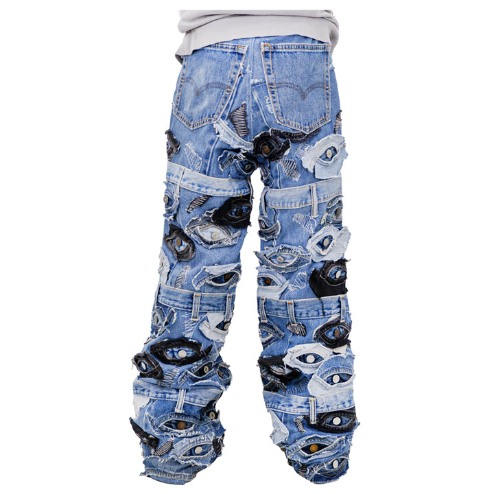 Denim Eye Detailed Patched Jeans Unisex