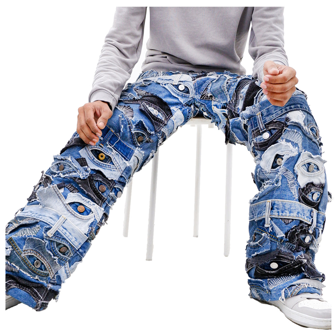 Denim Eye Detailed Patched Jeans Unisex