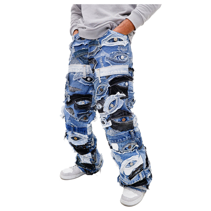 Denim Eye Detailed Patched Jeans Unisex