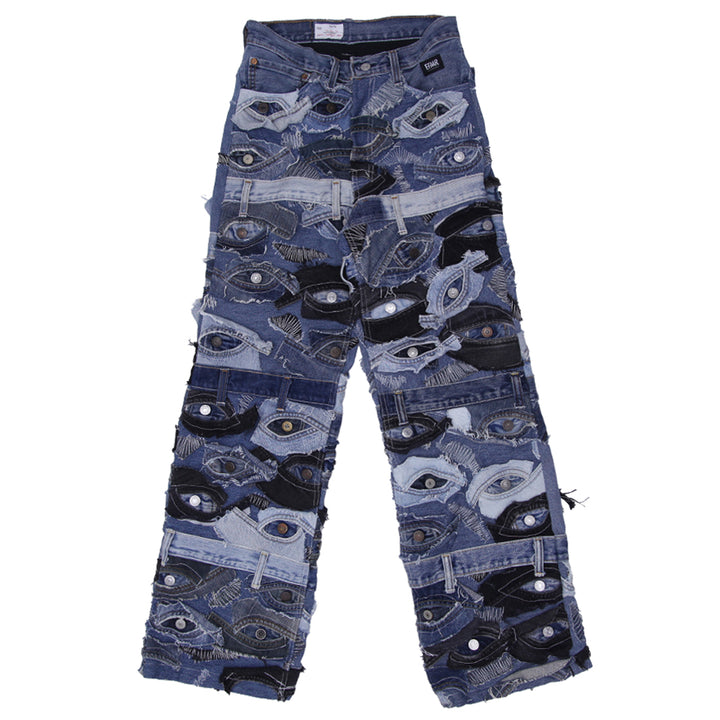 Denim Eye Detailed Patched Jeans Unisex