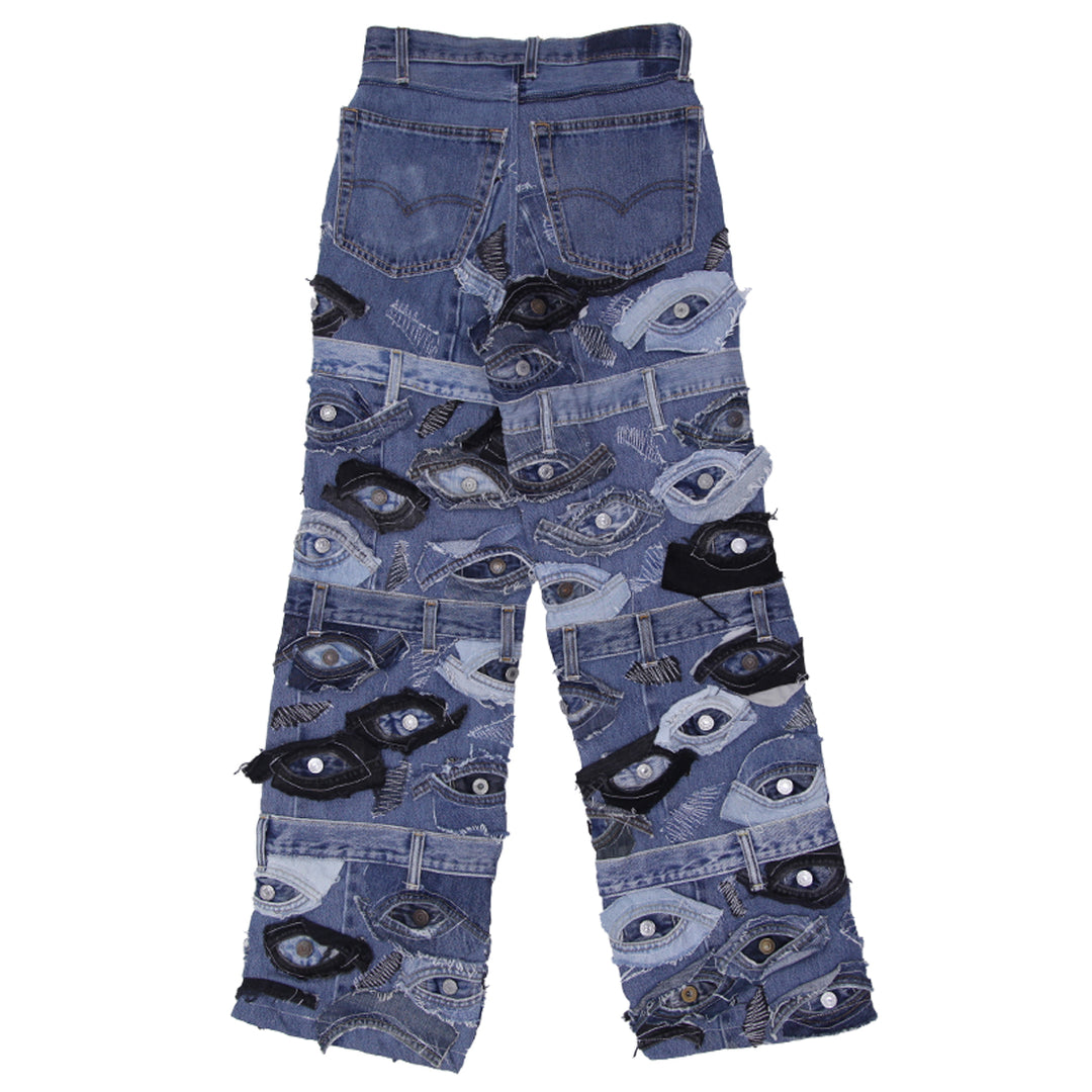 Denim Eye Detailed Patched Jeans Unisex