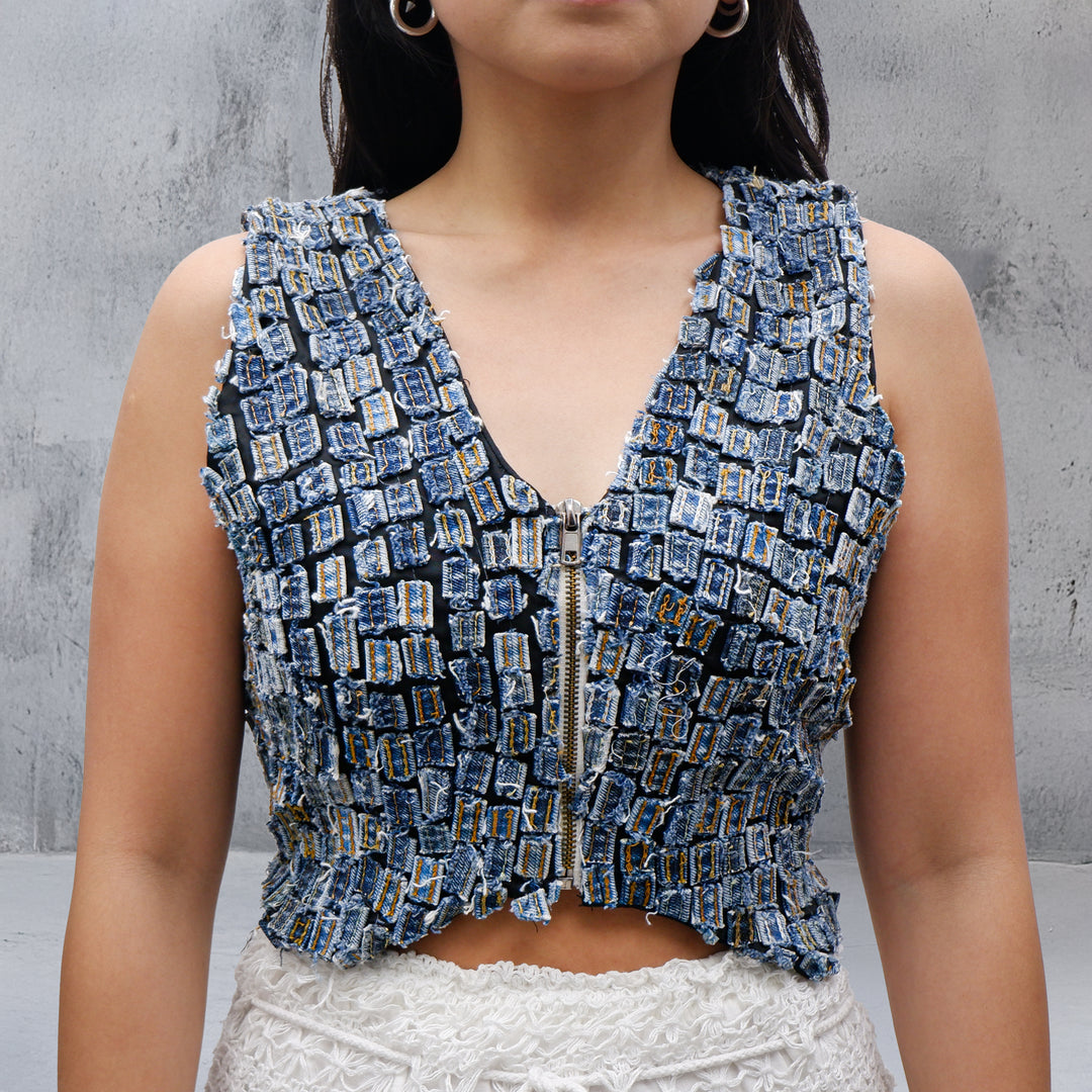 Ladies Denim V-Neck Cropped Vest