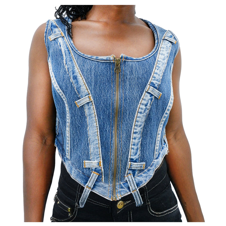 Ladies Denim Full Zip Crop Vest