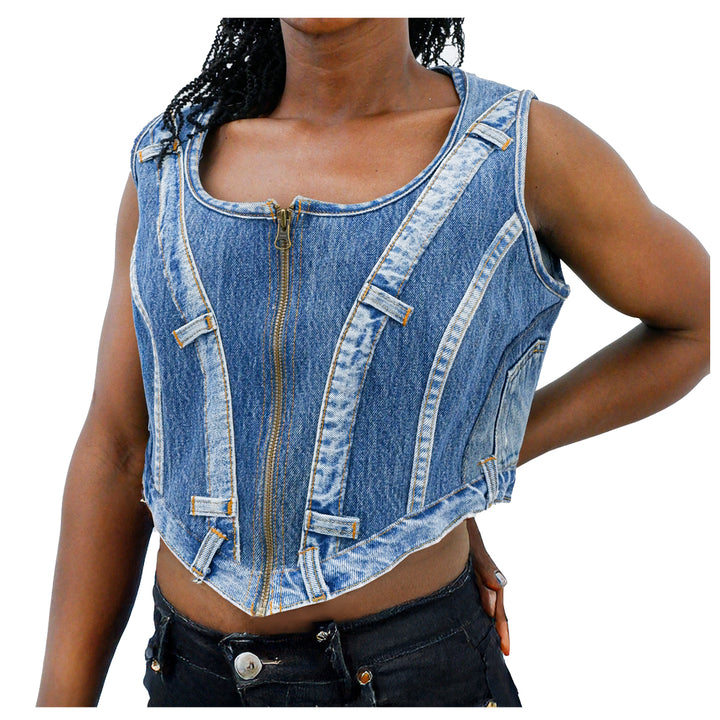 Ladies Denim Full Zip Crop Vest