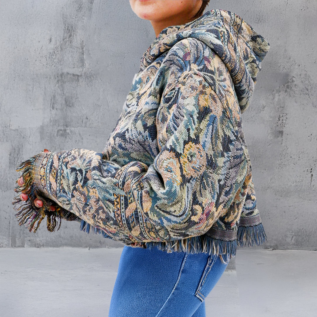 Ladies Floral Fringed Crop Tapestry Hoodie