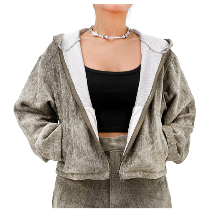 Ladies Velvet Full Zip Boxy Crop Hoodie