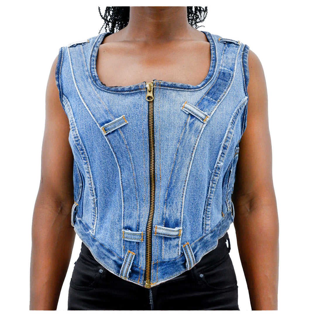 Ladies Denim Full Zip Crop Vest