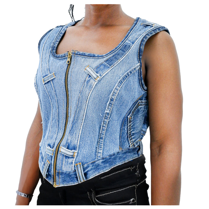 Ladies Denim Full Zip Crop Vest