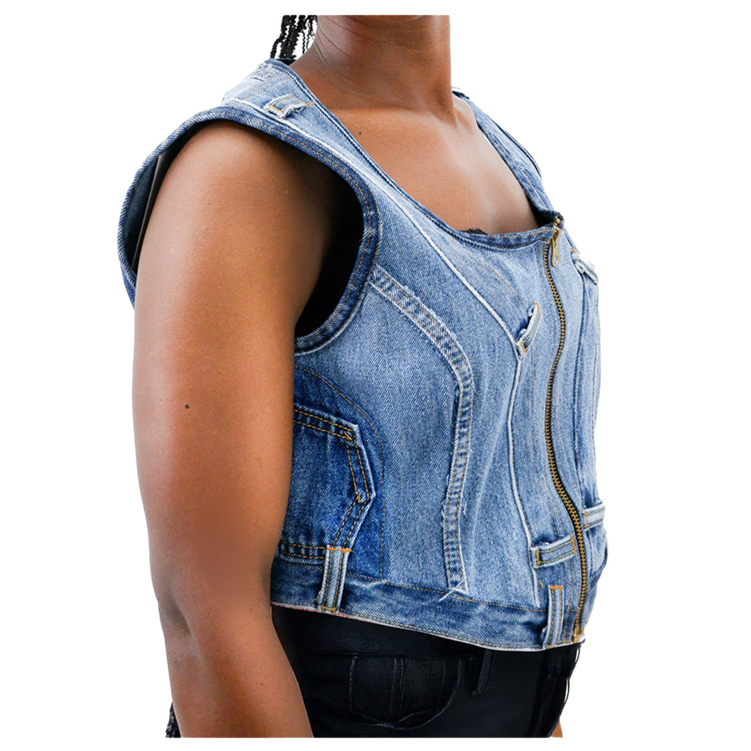 Ladies Denim Full Zip Crop Vest