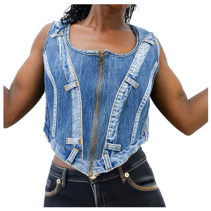 Ladies Denim Full Zip Crop Vest