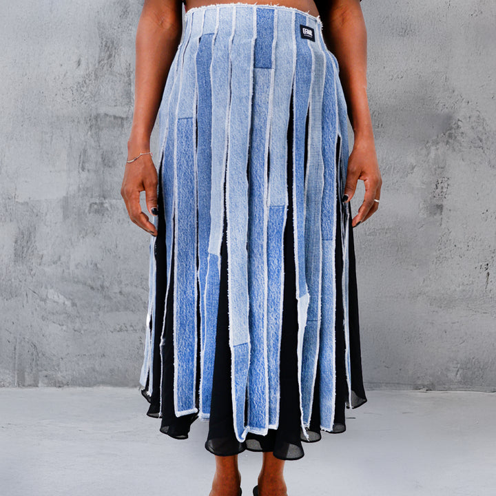 Denim Strip Midi Skirt