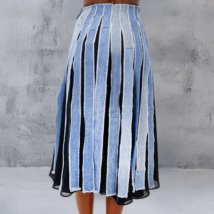 Denim Strip Midi Skirt