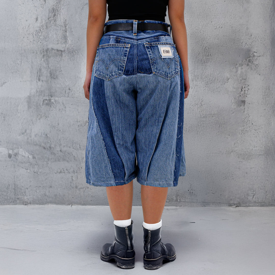 Denim x Gingham Check Detailed Jorts Unisex