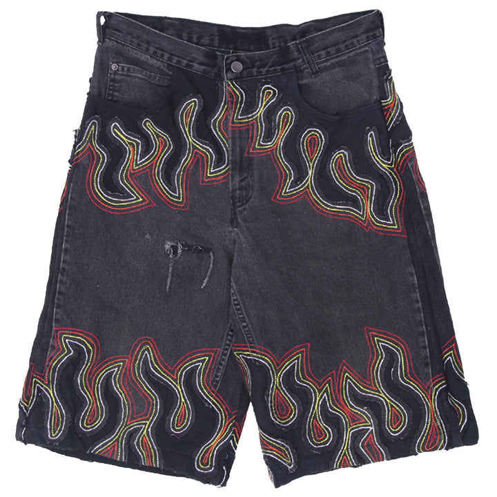 Fire Detailed Denim Jorts Unisex