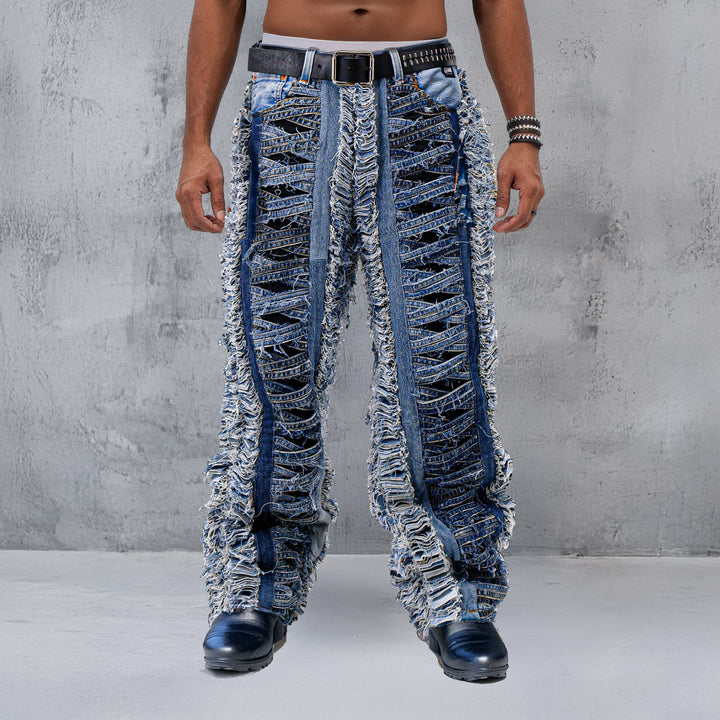 Symetrical Strip Pattern Heavy Patch Jeans Unisex Straight Fit