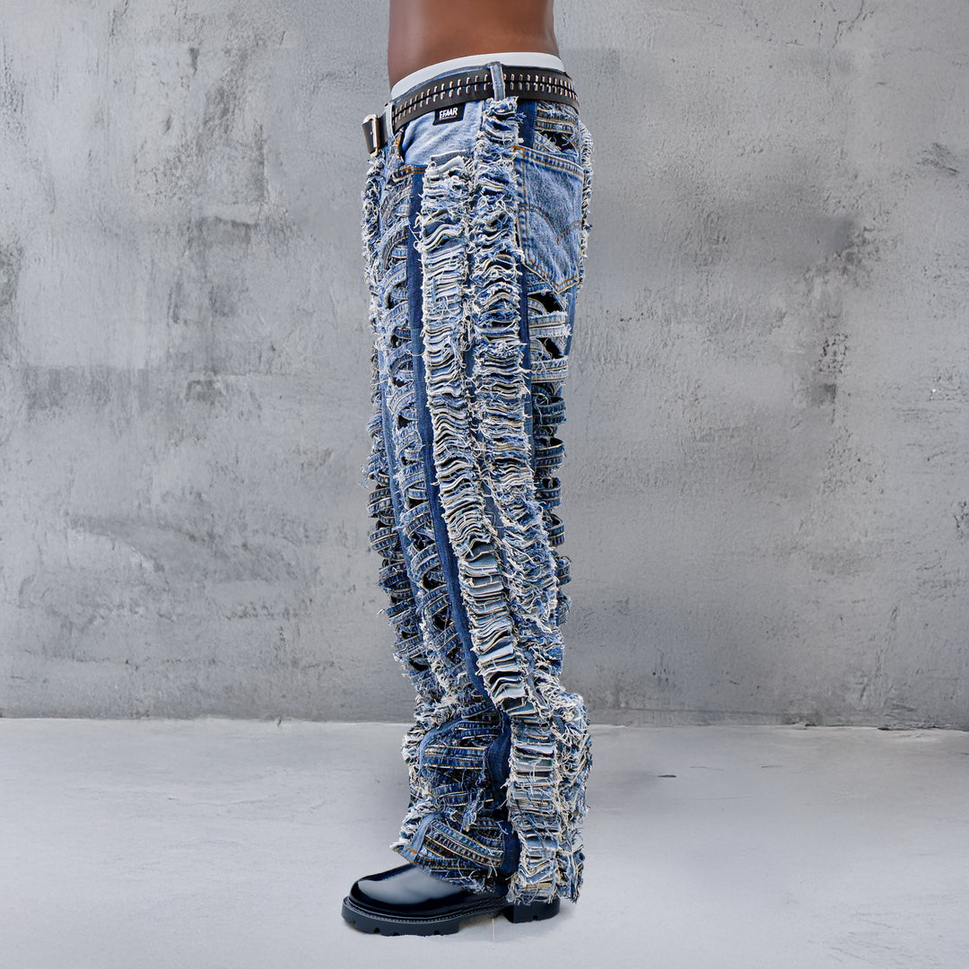 Symetrical Strip Pattern Heavy Patch Jeans Unisex Straight Fit