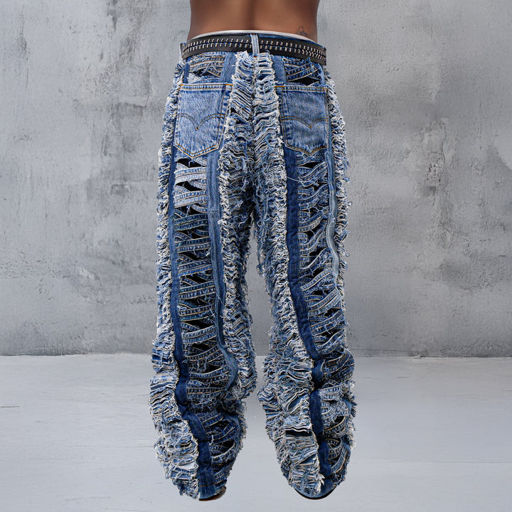 Symetrical Strip Pattern Heavy Patch Jeans Unisex Straight Fit