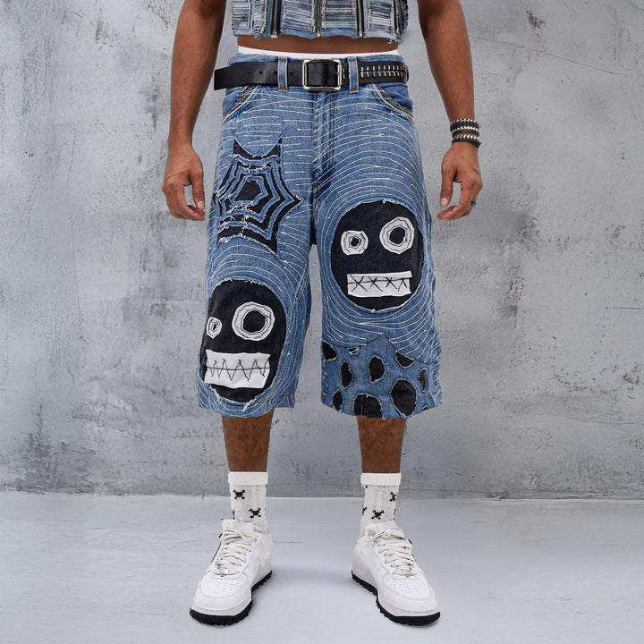 Devil Tattoo Detailed Patched Jorts Unisex