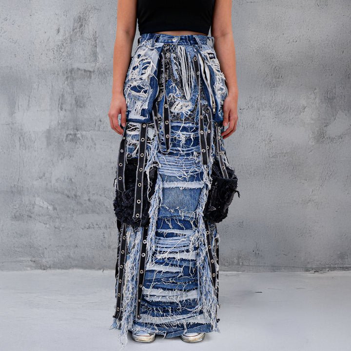 Ladies Distressed Denim Maxi Skirt