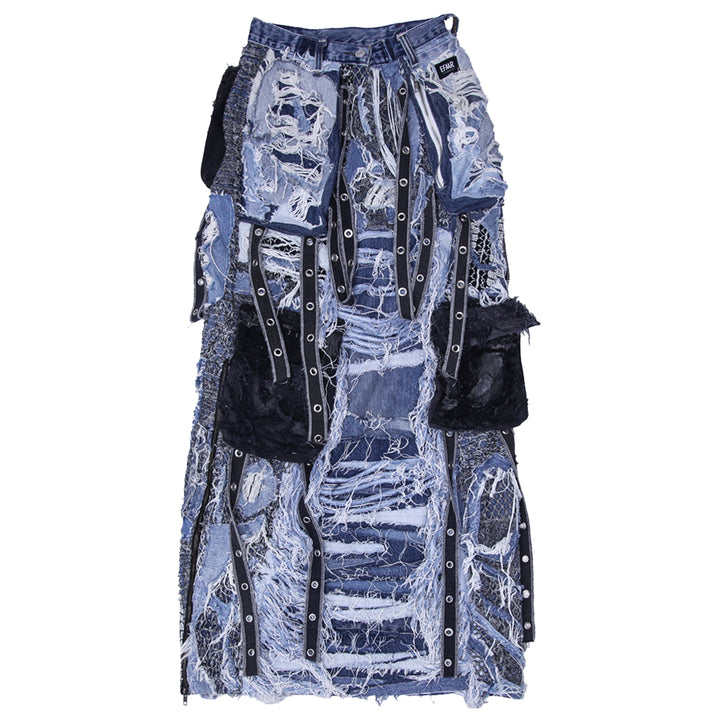 Ladies Distressed Denim Maxi Skirt