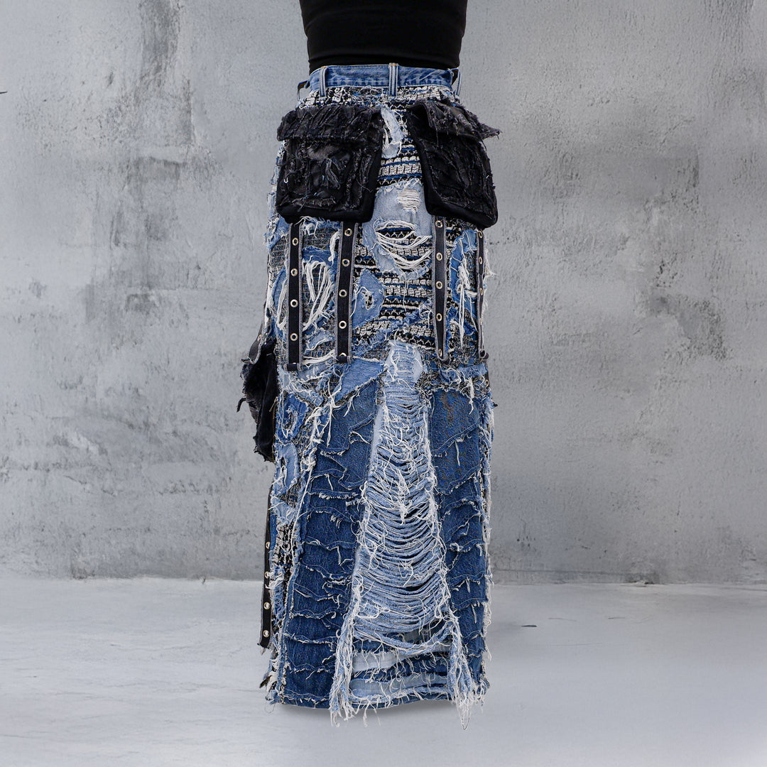 Ladies Distressed Denim Maxi Skirt