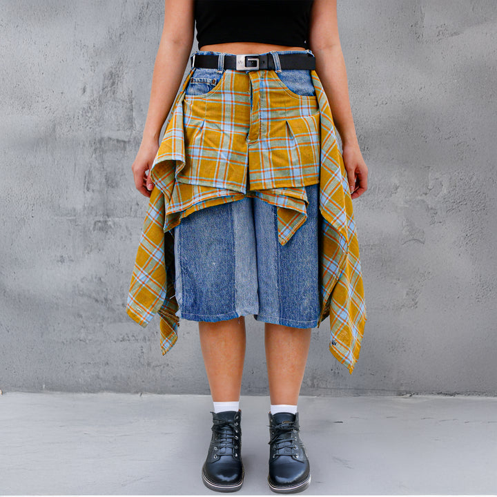 Ladies Jorts Skirt With Draped Plaid Detail