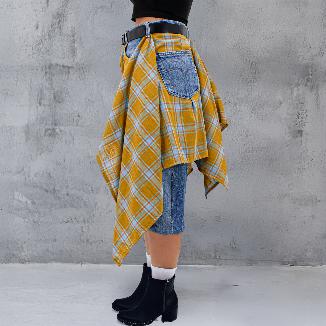 Ladies Jorts Skirt With Draped Plaid Detail