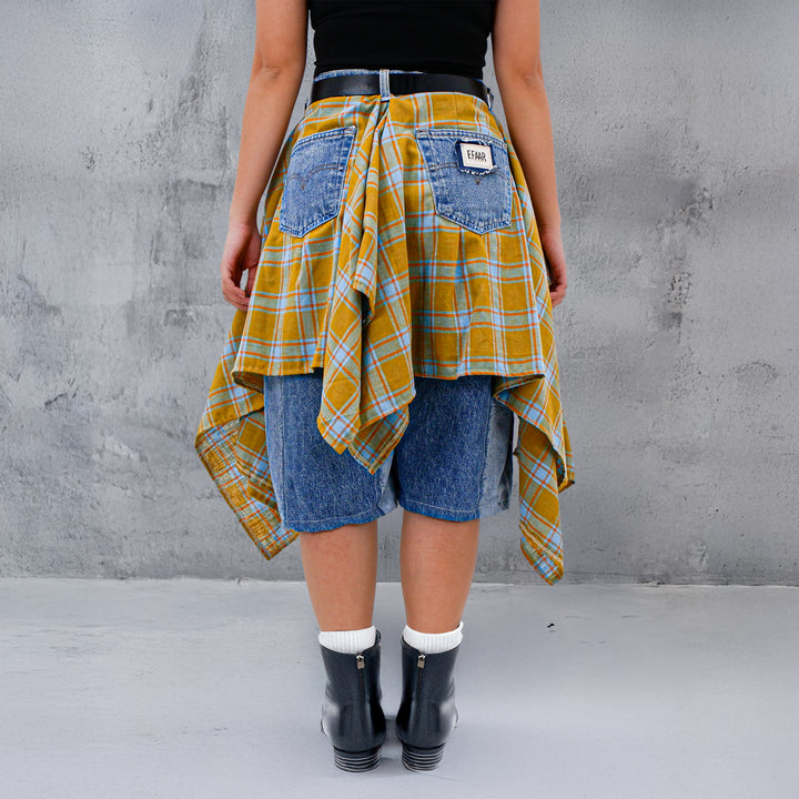 Ladies Jorts Skirt With Draped Plaid Detail