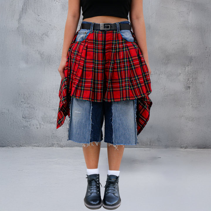 Jorts Skirt With Plaid Draped Skirt Detail