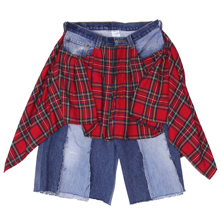 Jorts Skirt With Plaid Draped Skirt Detail