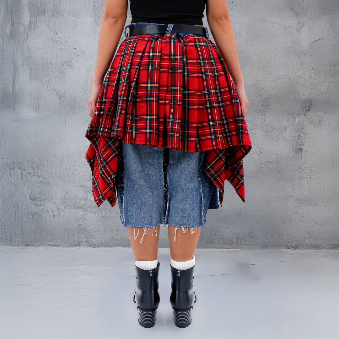 Jorts Skirt With Plaid Draped Skirt Detail