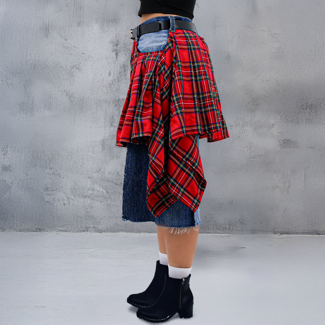 Jorts Skirt With Plaid Draped Skirt Detail