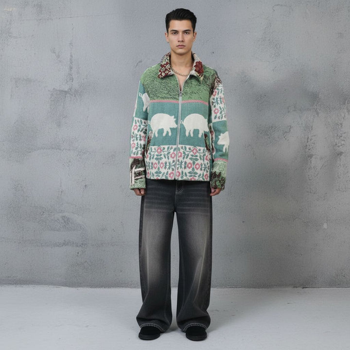 Unisex Upcycled Tapestry Jacket Zip Up Patchwork Golf Print Efaar