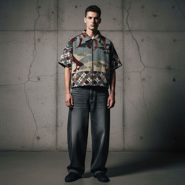 Tapestry Golf Scene Collared Zipper Short Sleeve Jacket