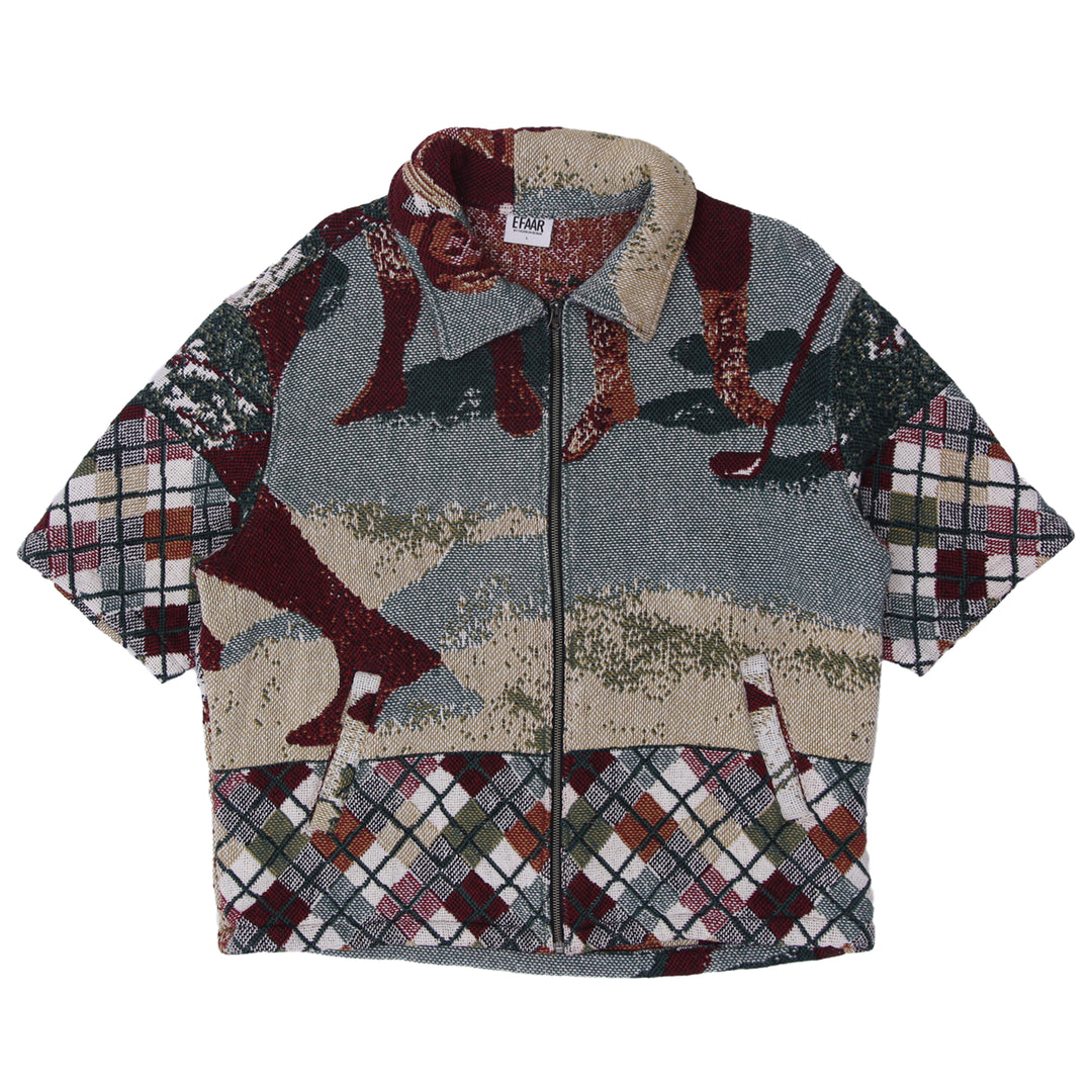 Tapestry Golf Scene Collared Zipper Short Sleeve Jacket