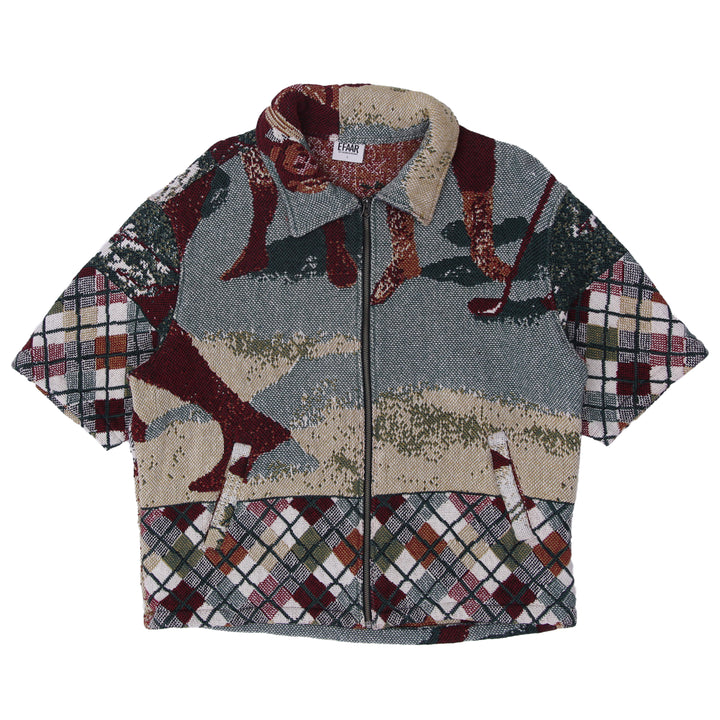 Tapestry Golf Scene Collared Zipper Short Sleeve Jacket