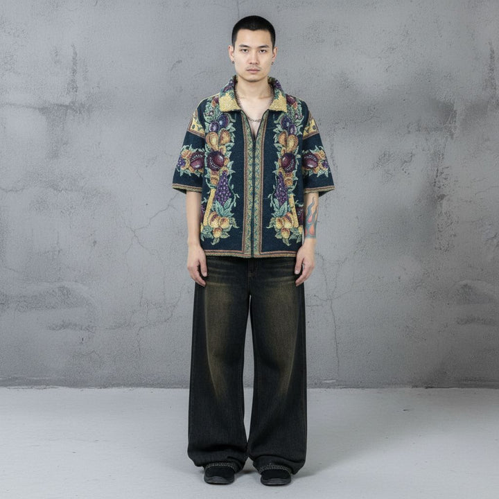 Tapestry Short Sleeve Fruit Pattern Zipper Jacket