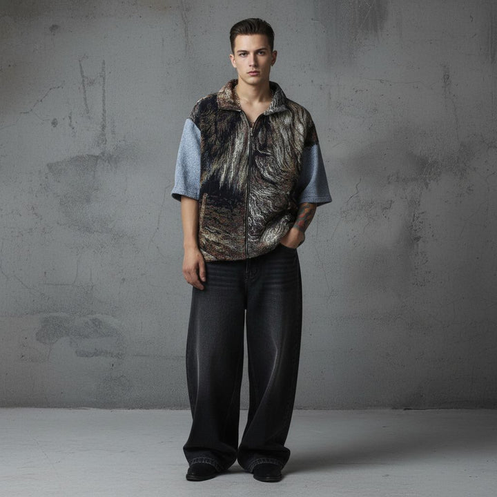 Wolf Tapestry Print Design Zipper Short Sleeve Jacket