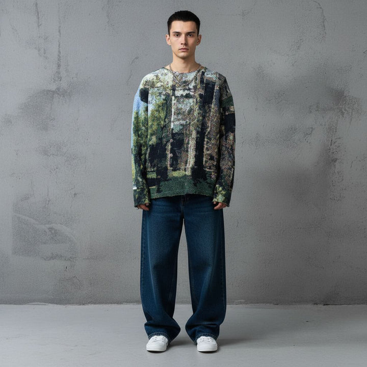 Printed/Woven Landscape Design Tapestry Jumper