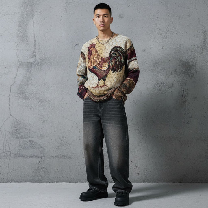 Rooster Print Tapestry Jumper Sweater