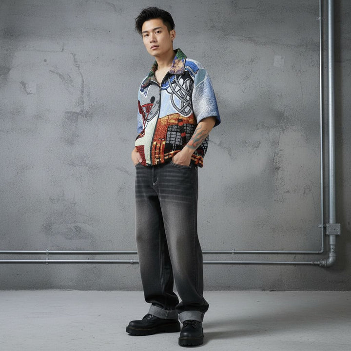 Upcycled NFL Style Tapestry Zip Shirt Reworked Streetwear Efaar